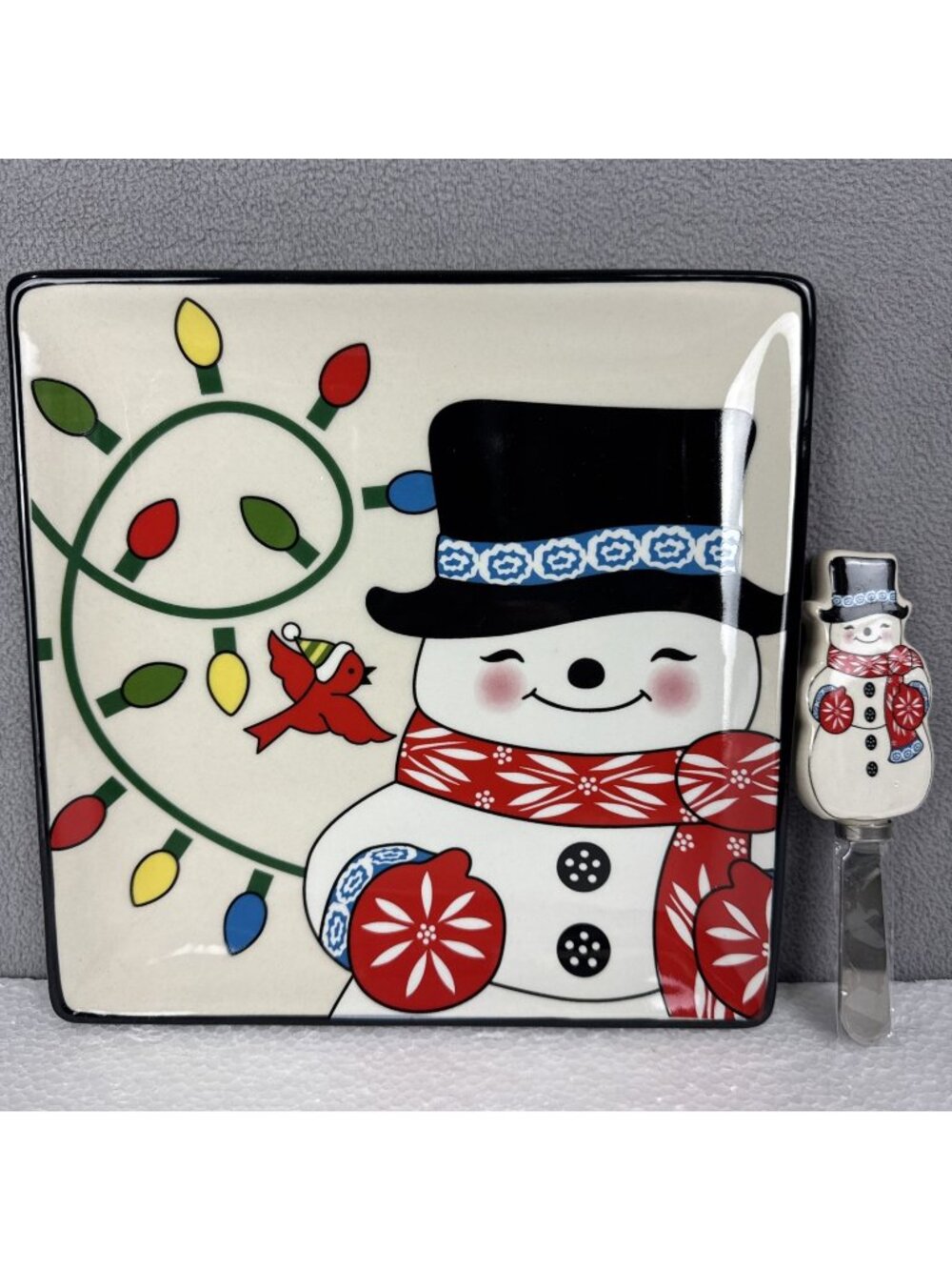 Temptations Ceramic Snowman 8x8 Cheese Plate Matching Spreader holiday square